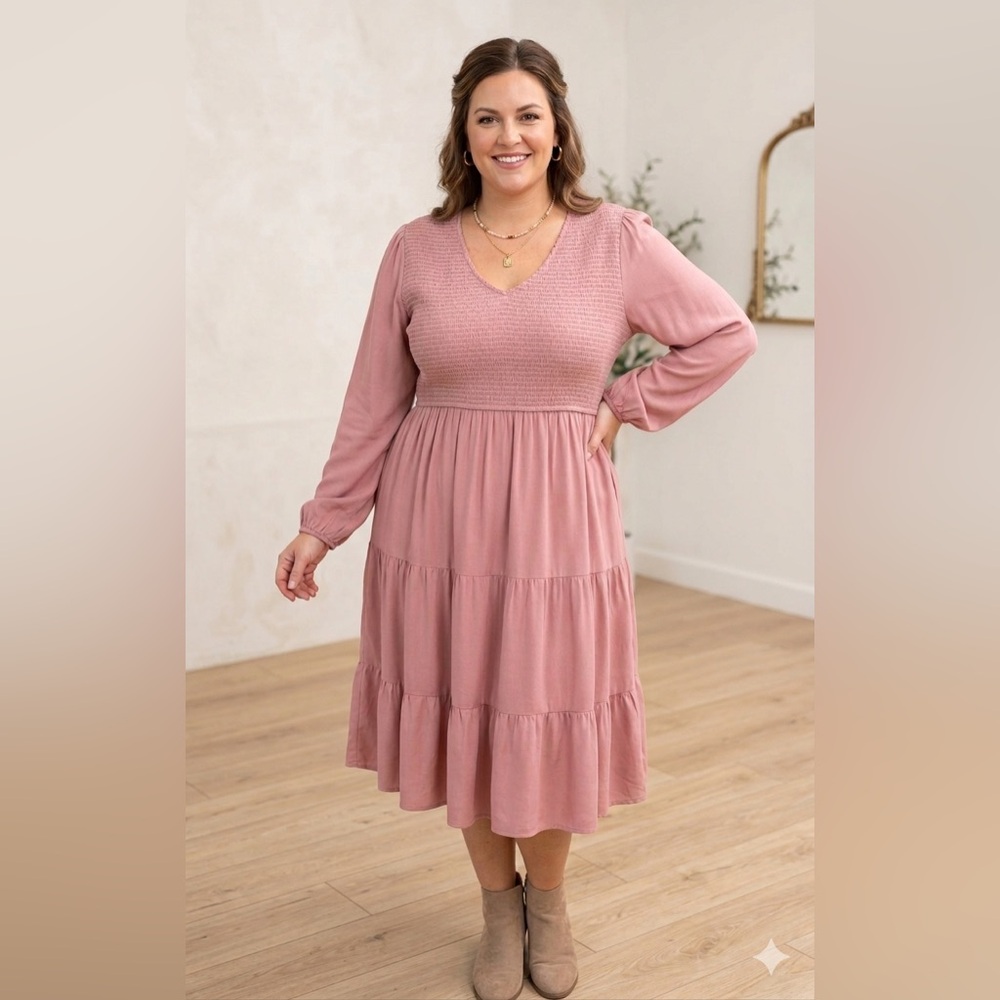 Zesica V-Neck Smocked Tiered Midi Dress in Dusty Rose